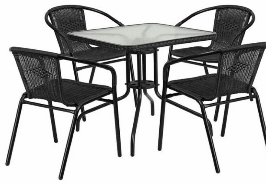 Clearance Flash Furniture 28" Square Glass Metal Table With 4 Black Rattan Stack Chairs