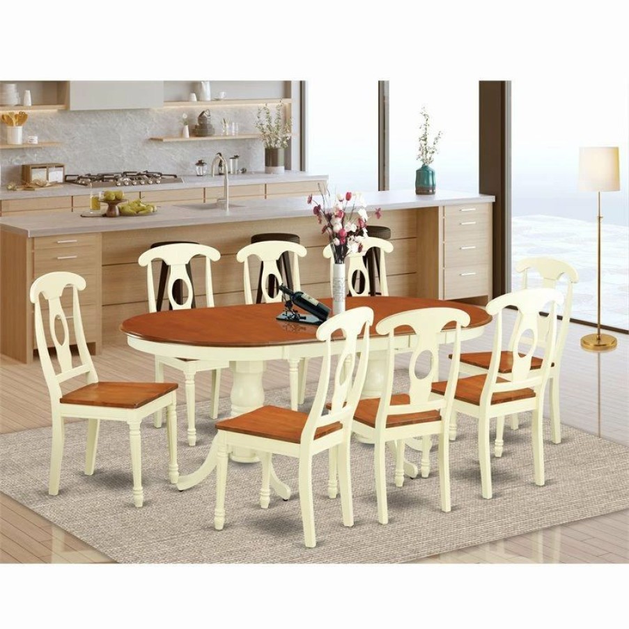 Clearance East West Furniture Plainville 9-Piece Wood Dinette Set In Buttermilk/Cherry