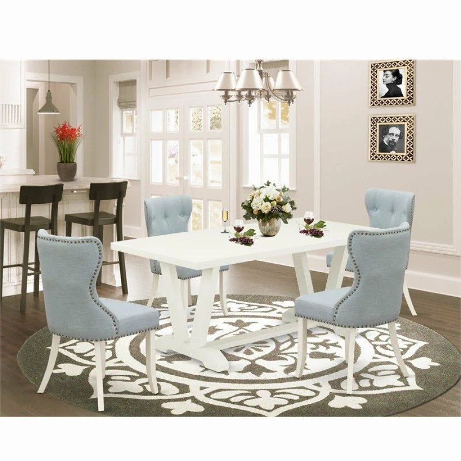 Hot East West Furniture V-Style 5-Piece Wood Dining Set With Fabric Chairs In White