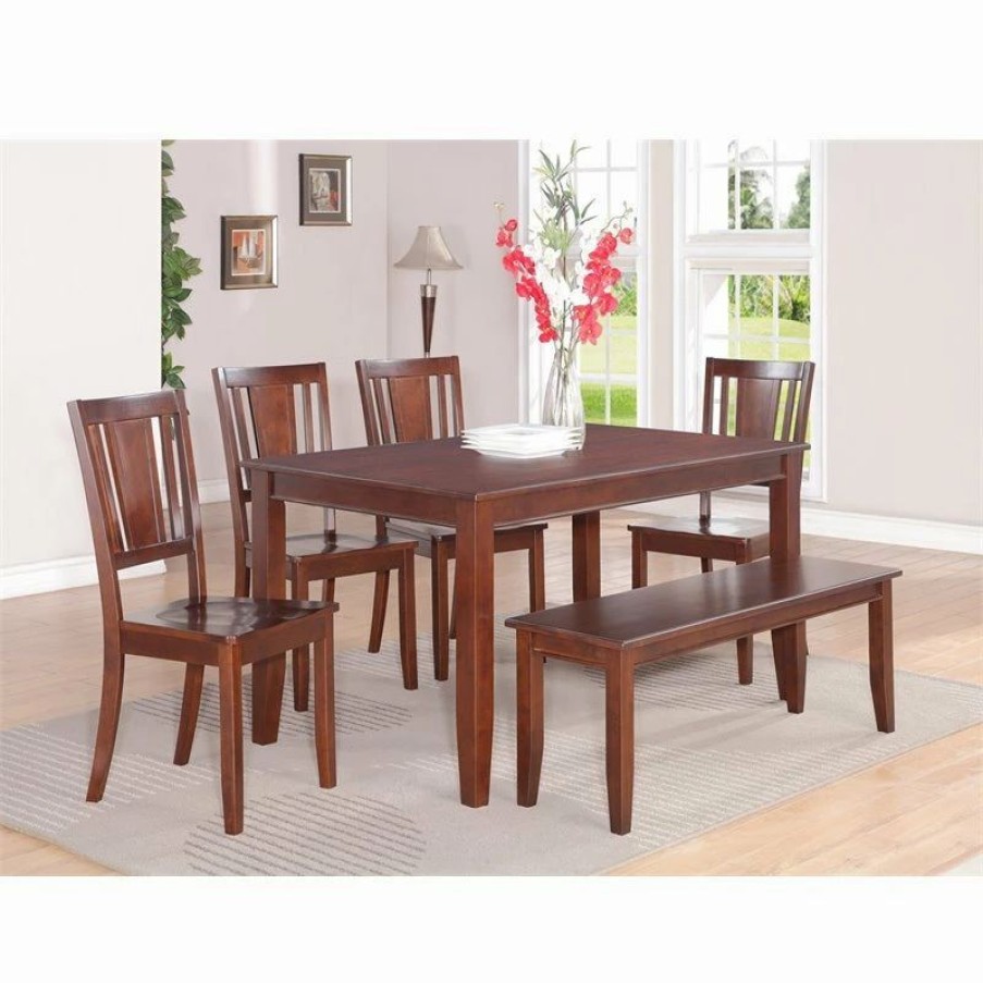 Clearance East West Furniture Dudley 6-Piece Dining Set With Wood Seat In Mahogany