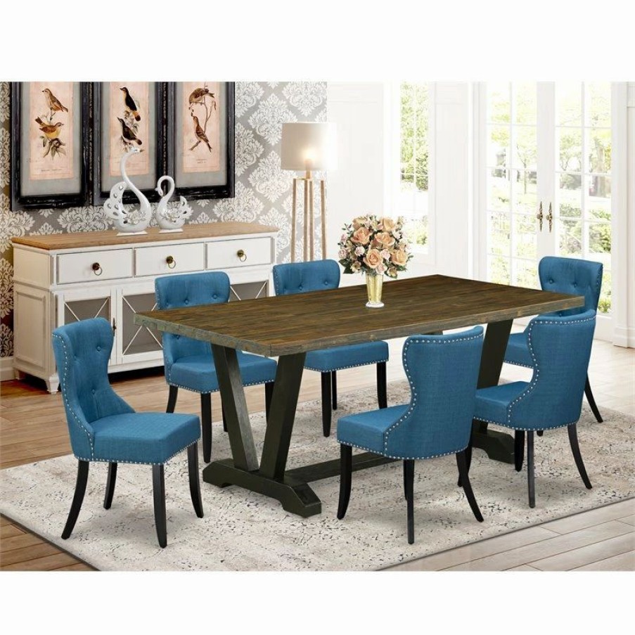 Wholesale East West Furniture V-Style 7-Piece Wood Dining Set In Brown/Black/Blue