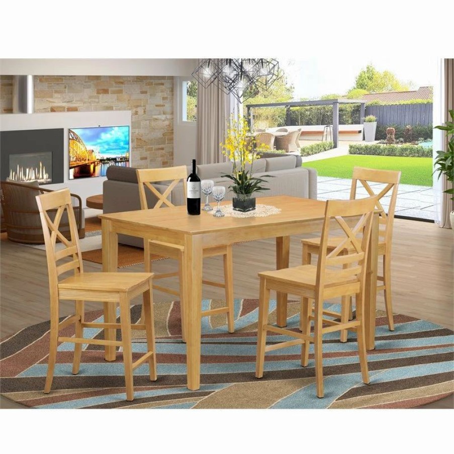 New East West Furniture Capri 5-Piece Wood Dining Set With Bar Stools In Oak