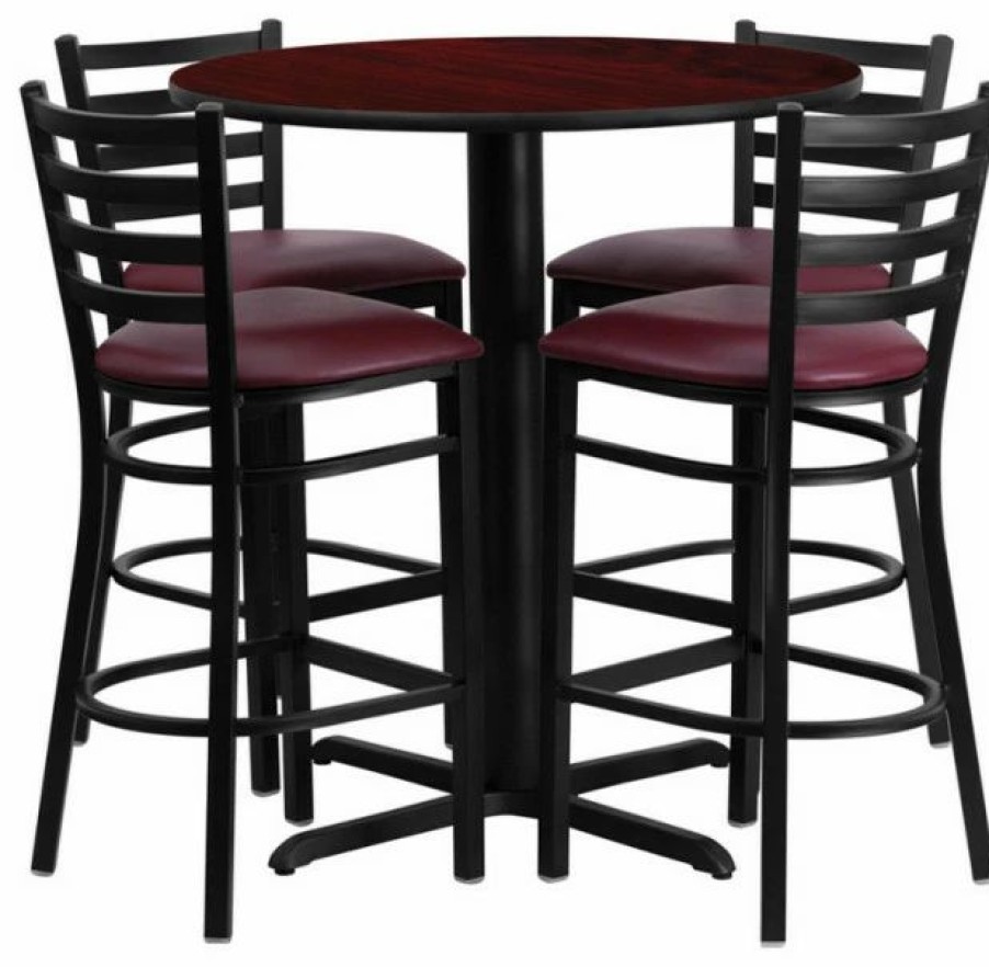 Best Flash Furniture 30" Round Mahogany Laminate Table Set With Metal Barstools