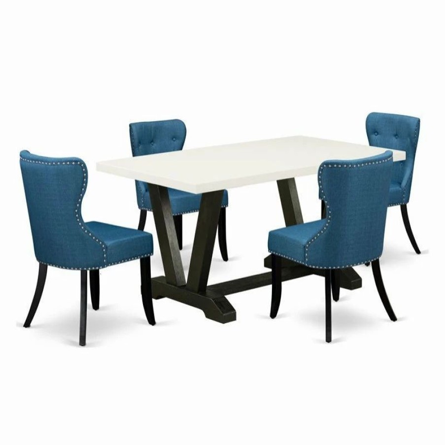 New East West Furniture V-Style 5-Piece Wood Dining Table Set In White/Black