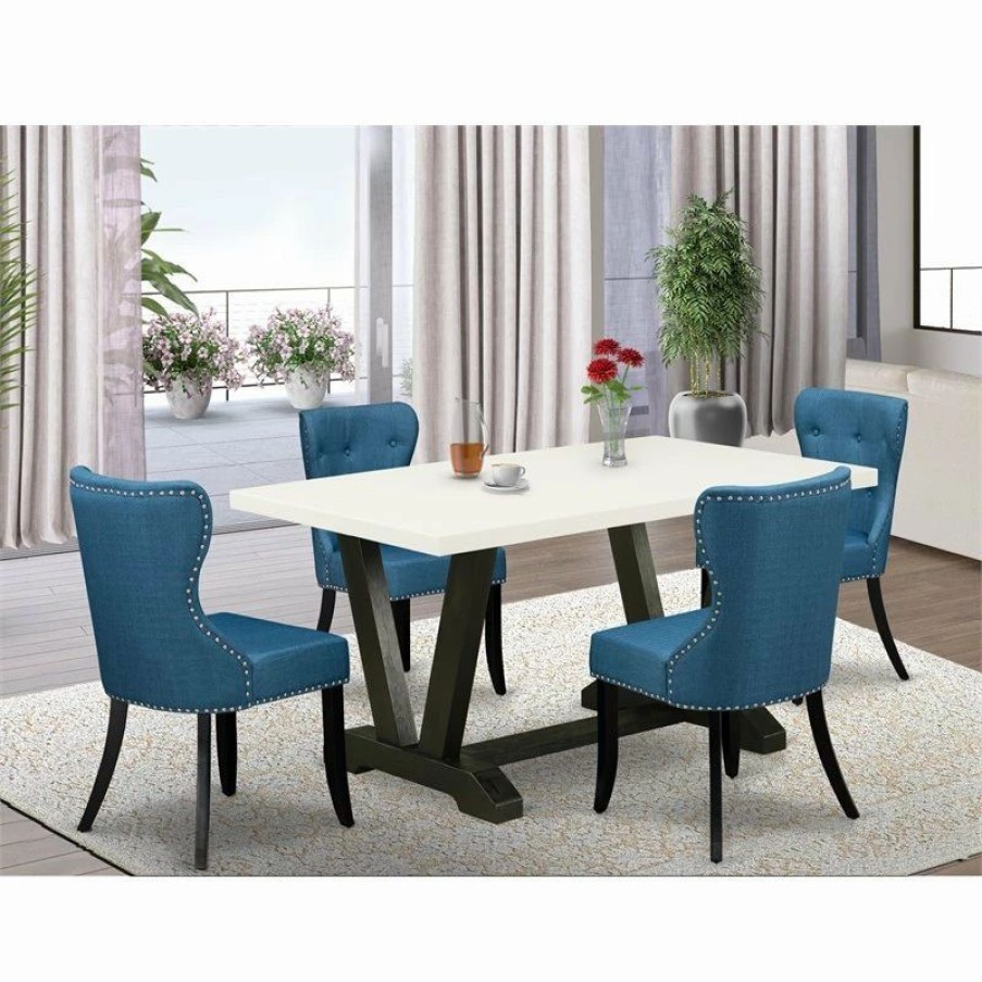 New East West Furniture V-Style 5-Piece Wood Dining Table Set In White/Black