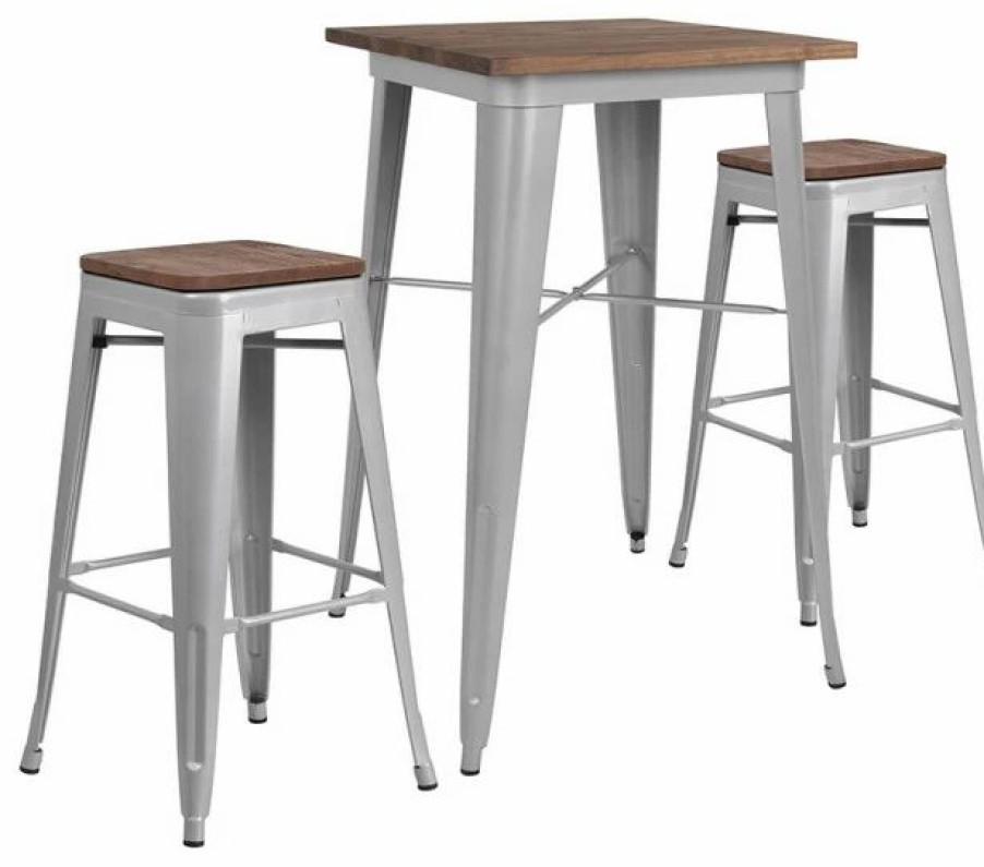 Wholesale Flash Furniture Rubber And Wood Table Set In Silver Finish Ch-Wd-Tbch-3-Gg