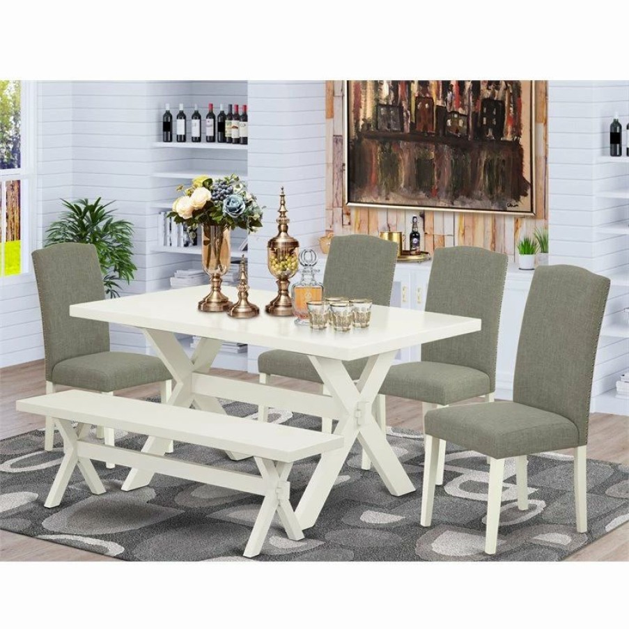 Best East West Furniture X-Style 6-Piece Wood Dining Set In Linen White/Dark Shitake