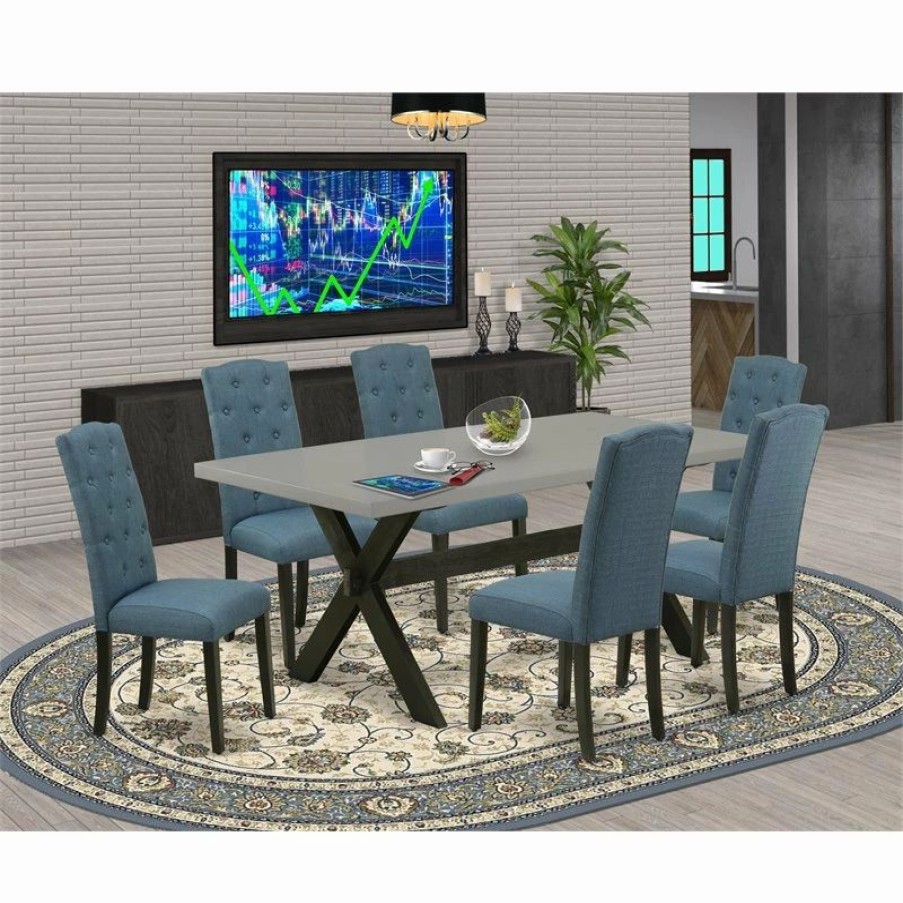 Hot East West Furniture X-Style 7-Piece Wood Dining Set In Black And Blue