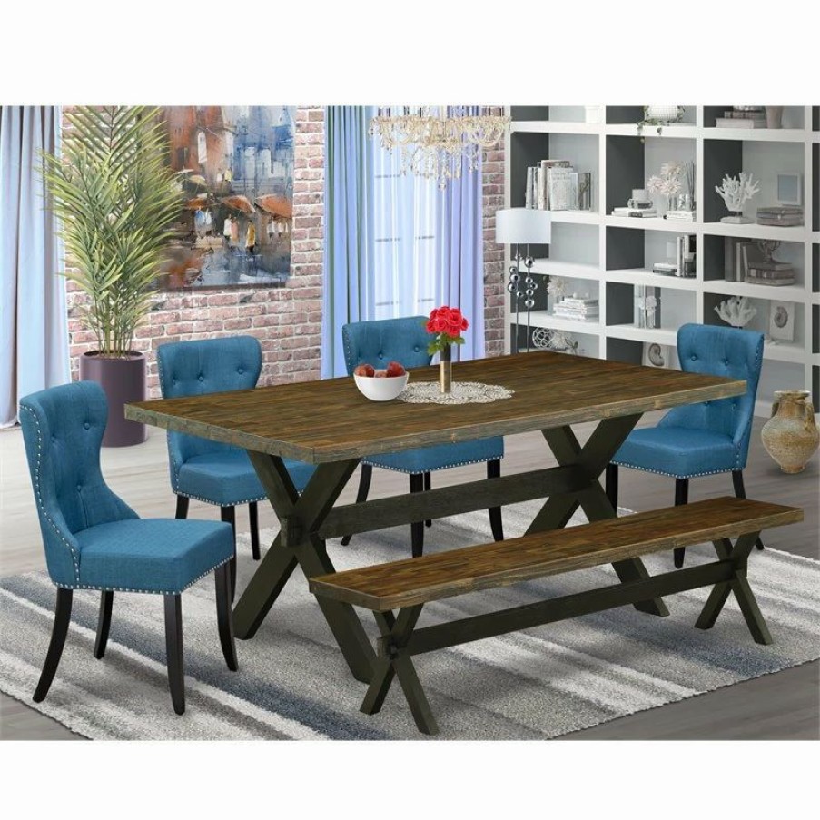 New East West Furniture X-Style 6-Piece Wood Dining Set In Jacobean/Black