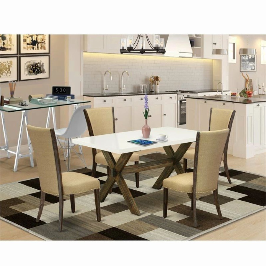 Hot East West Furniture X-Style 5-Piece Wood Dining Set In Linen White/Brown