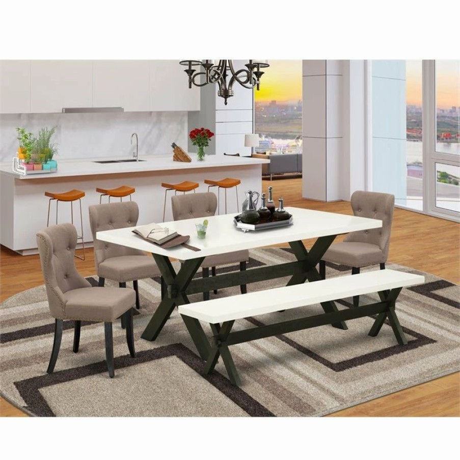 Hot East West Furniture X-Style 6-Piece Wood Dining Table Set In Black/Coffee