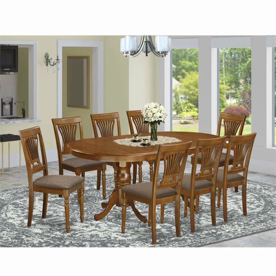 Clearance East West Furniture Plainville 9-Piece Dining Set With Linen Seat In Brown