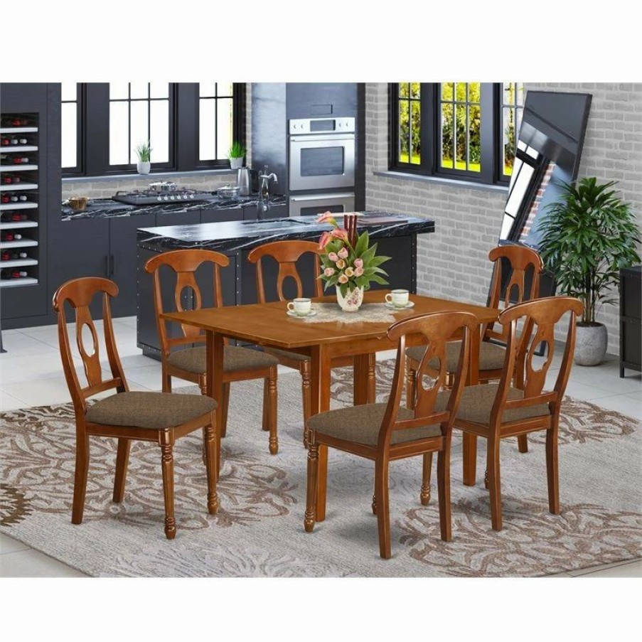 New East West Furniture Milan 7-Piece Wood Dining Set W/ Linen Seat In Saddle Brown