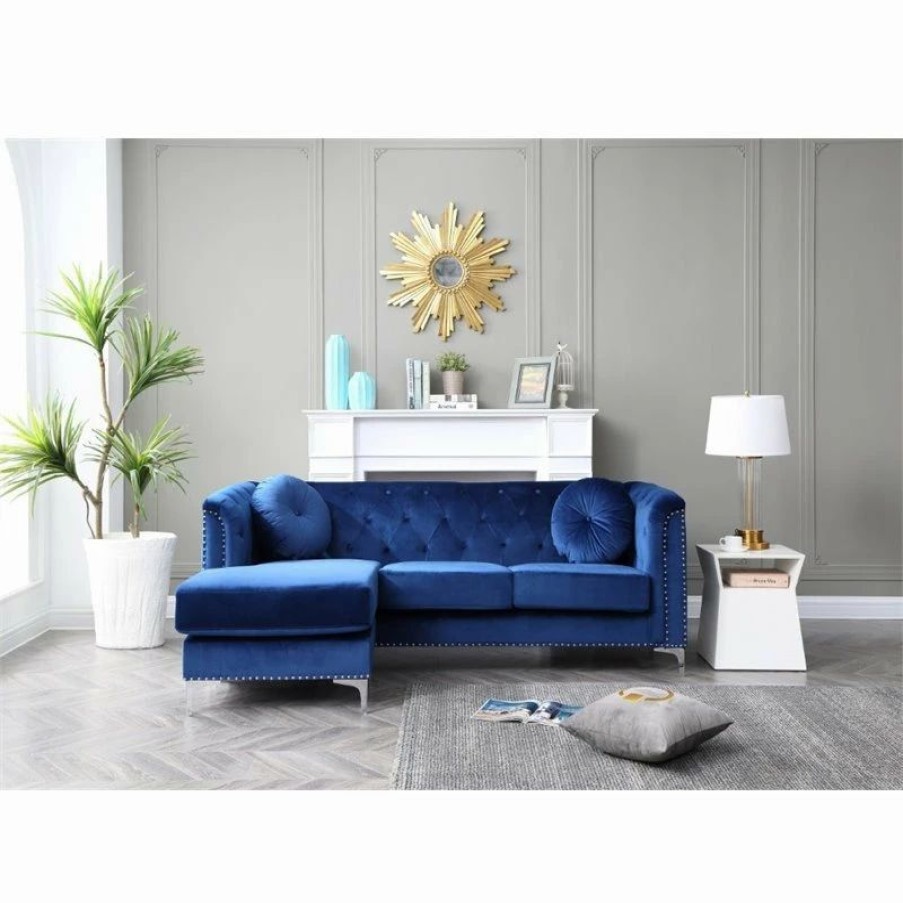 Best Glory Furniture Pompano Velvet Sofa Chaise In Navy Blue