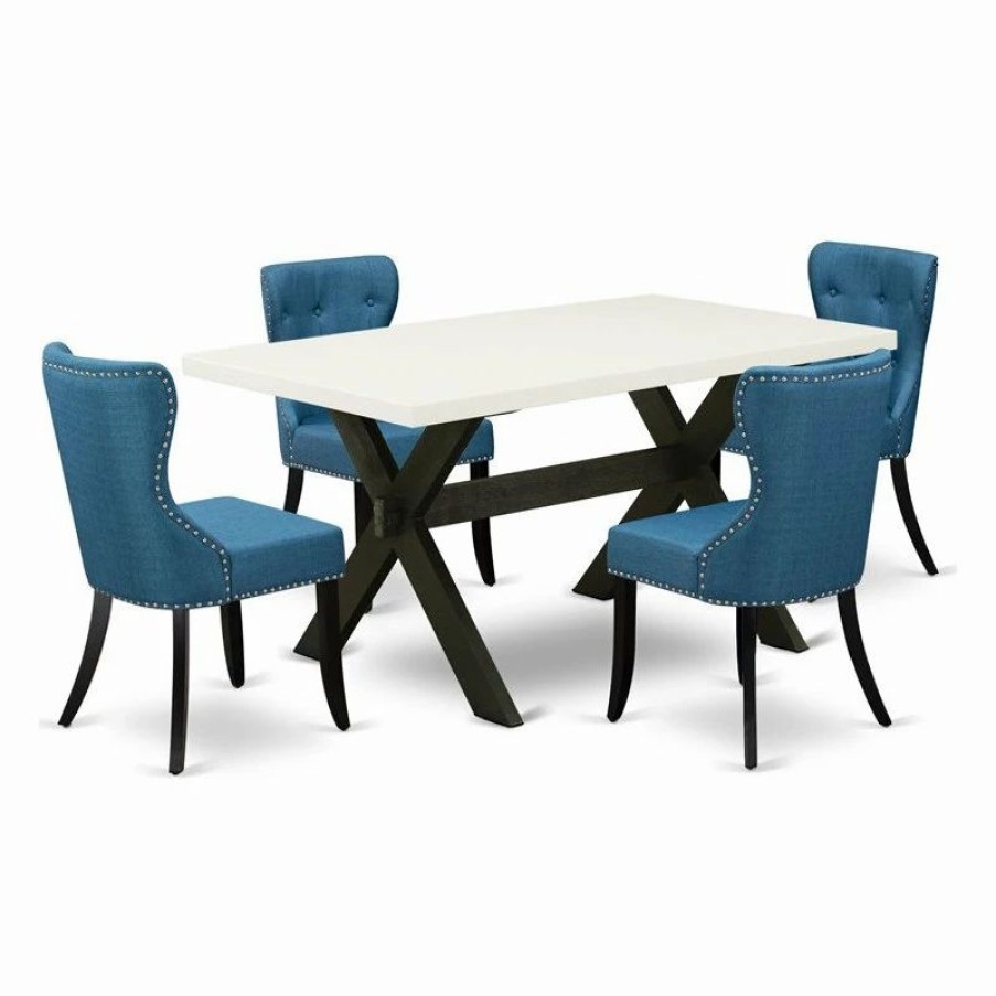 Hot East West Furniture X-Style 5-Piece Wood Dining Set In White/Black/Blue