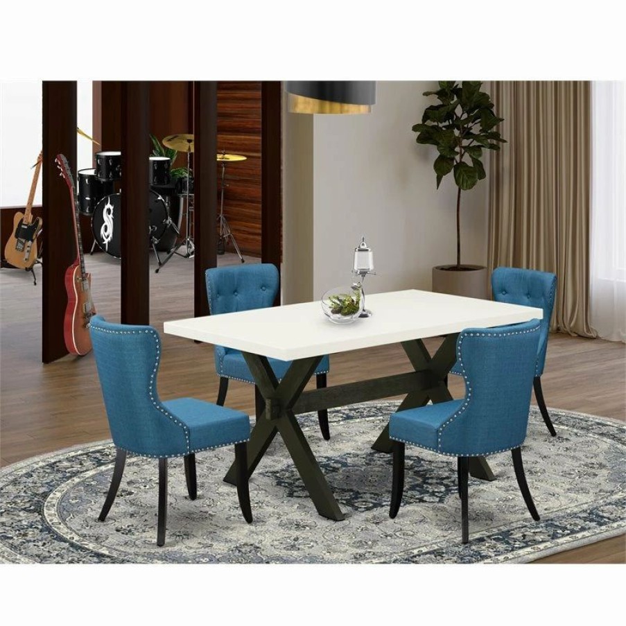 Hot East West Furniture X-Style 5-Piece Wood Dining Set In White/Black/Blue